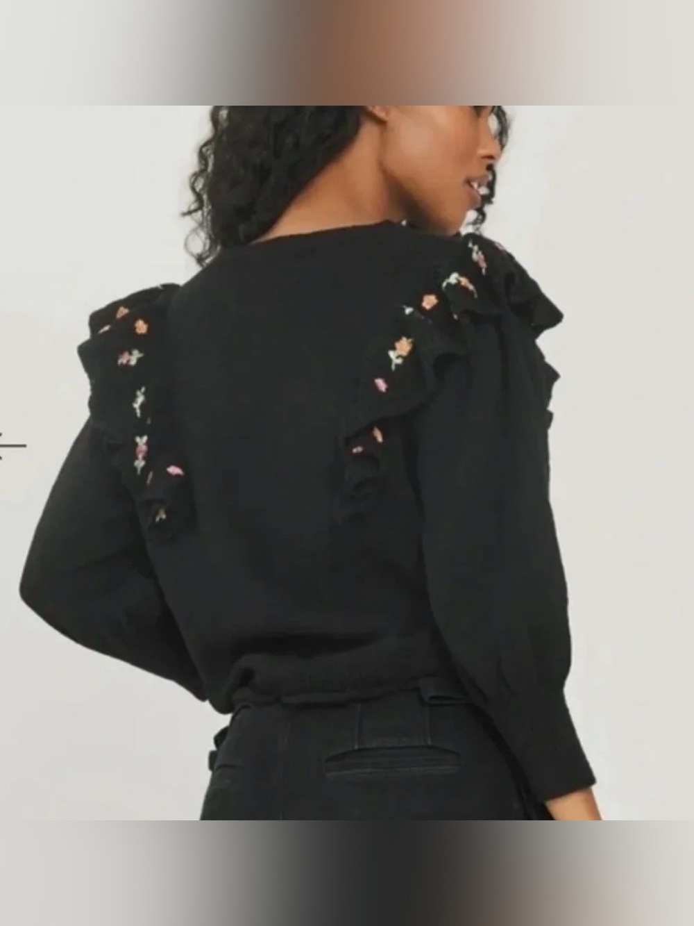 NWT Something Navy Louise Cotton-Linen Blend Black Ruffle Embroidered Sweater